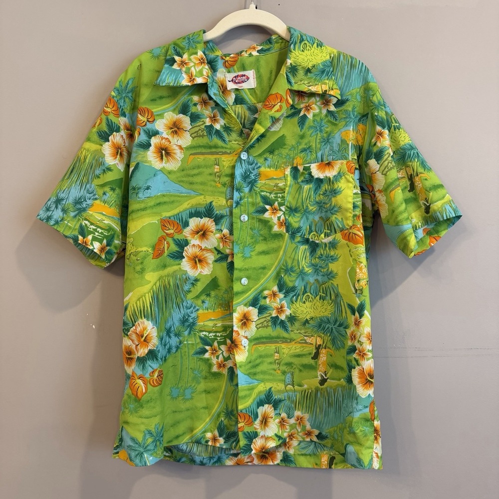 Vintage Pomare Green Hawaiian Shirt Luau 70s Medium